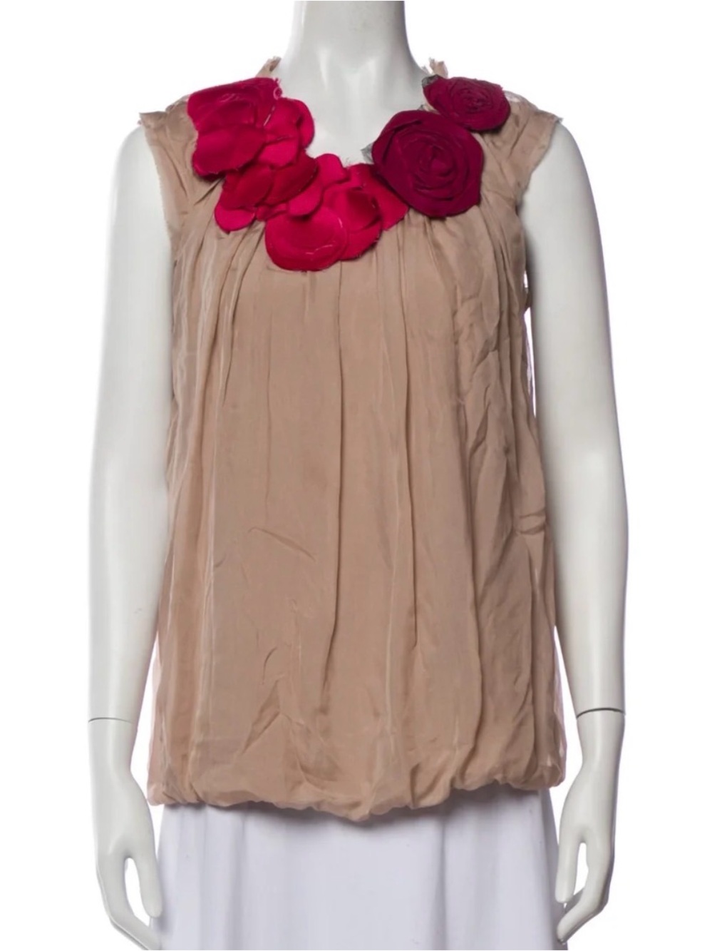 Sleeveless Beige Floral Applique Top with Pink Accents